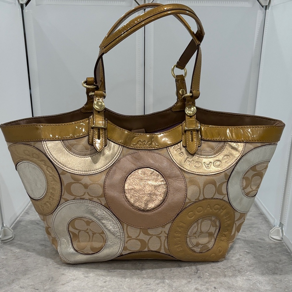 Coach Carly Tan and Cream Circle Pattern Tote